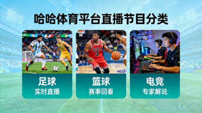 哈哈体育平台直播节目内容分类展示图，包含足球、篮球、电竞等
